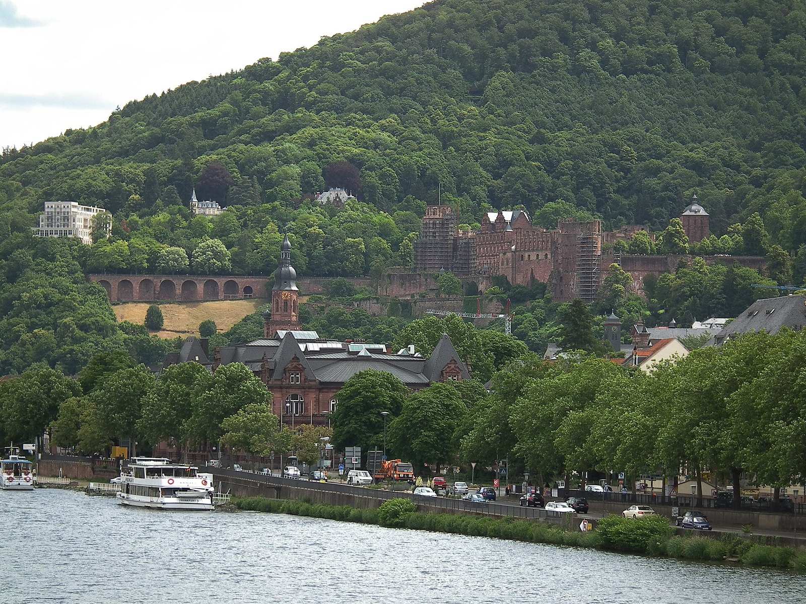 Schiff auf dem Neckar vor Altstadt und Schloss Heidelberg