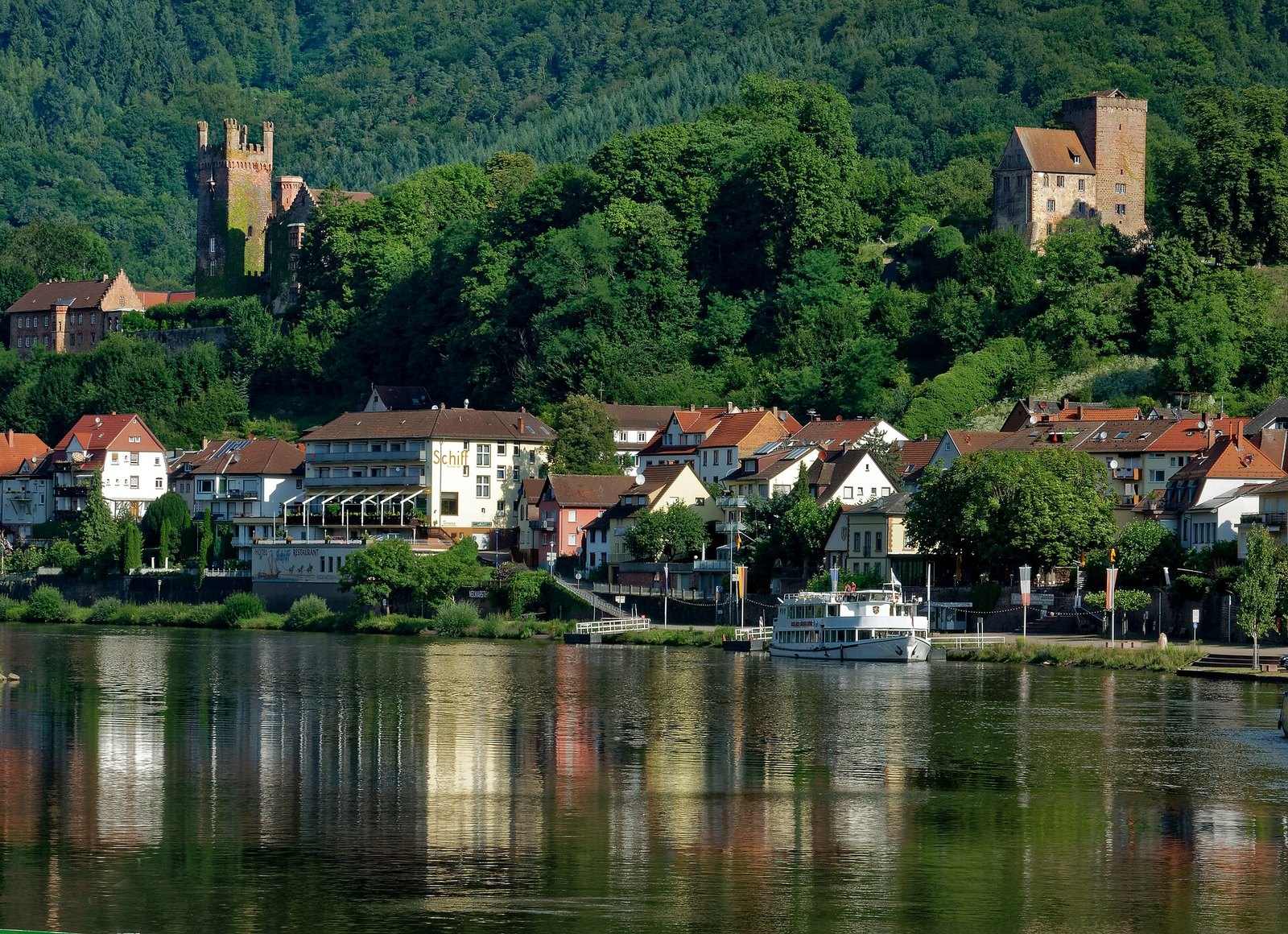 Neckarsteinach und seine Burgen vom Schiff aus gesehen